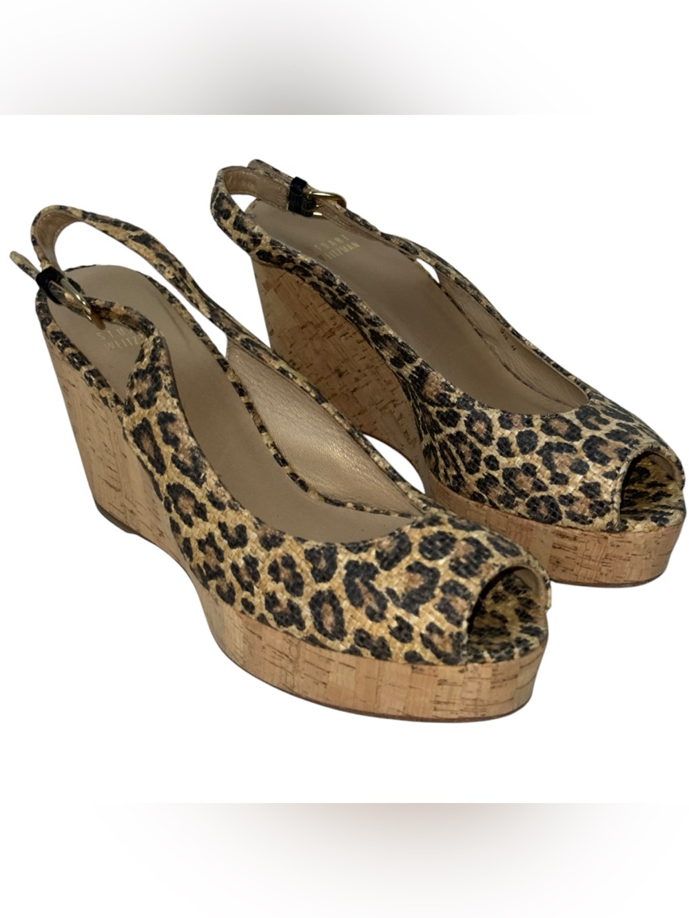 Stuart Weitzman Woven Leopard-Print Cork Slingback Wedges Size 9.5 M